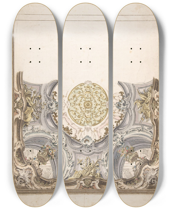 Triptych art skateboard deck of Giovanni Antonio Torricelli Design For A Painted Ceiling by Giovanni Antonio Torricelli (1716-1781)