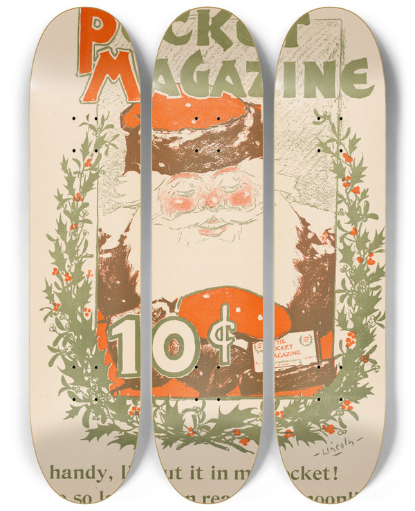 Triptych art skateboard deck of Awb Lincoln Pocket Magazine So Handy Ill Put It In My Pocket Type So Large I Can Read It By Moonlight by A.W.B. Lincoln (19-20-)