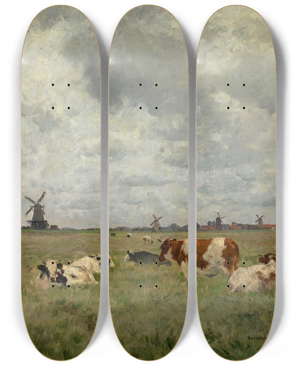 Triptych art skateboard deck of Hermann Baisch Rinder Auf Der Weide Bei Overschie by Hermann Baisch (1846-1894)