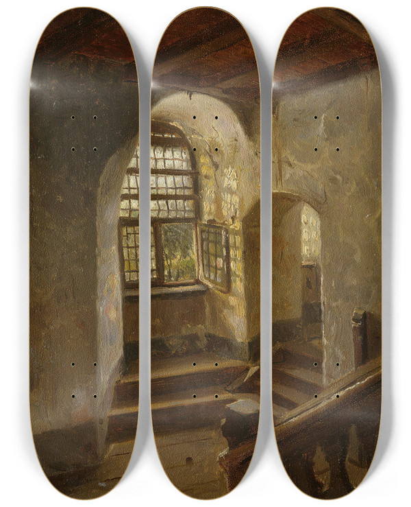 Triptych art skateboard deck of Adolph Tidemand Stairway In A Castle By The Rhine by Adolph Tidemand (1814-1876)