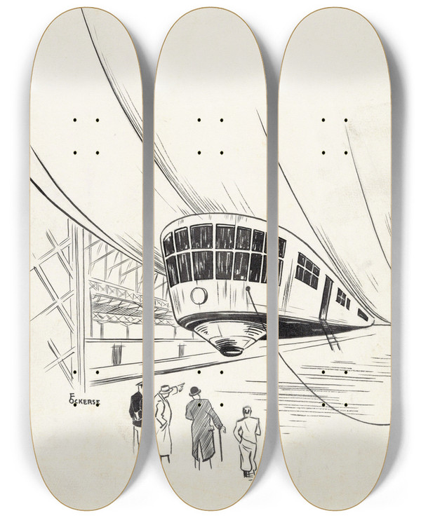Triptych art skateboard deck of F Ockerse Vier Mannen Bekijken Een Luchtschip by F Ockerse (20-)