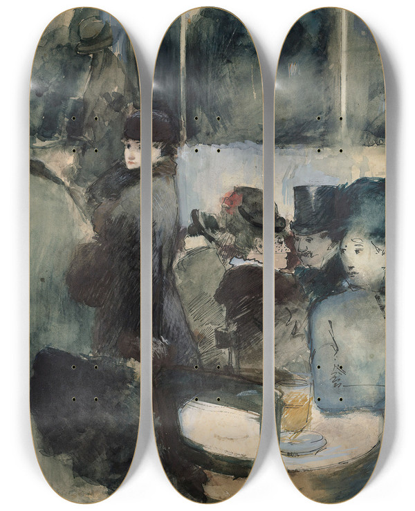Triptych art skateboard deck of Jeanlouis Forain Au Caf_2 by Jean Louis Forain (1852-1931)