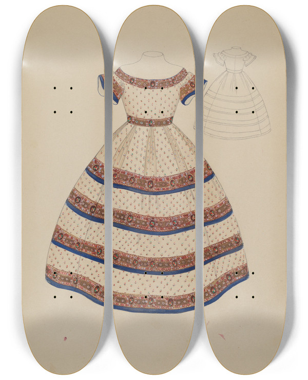 Triptych art skateboard deck of Marie Mitchell Childs Dress by Marie Mitchell