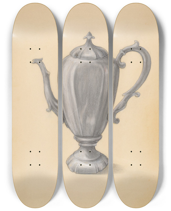 Triptych art skateboard deck of Franklin C Moyan Teapot by Franklin C Moyan