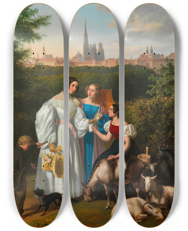 Triptych art skateboard deck of Josef Ziegler Genreszene Auf Dem Glacis Mit Spaziergngerin Ziegenhirtin Und Lottolosverkufer Mit Wien Im Hintergrund by Josef Ziegler (1785-1852)