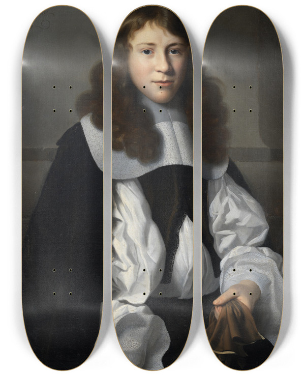 Triptych art skateboard deck of Isaack Luttichuys Portrait Of A Young Man With Gloves by Isaack Luttichuys (1616-1673)