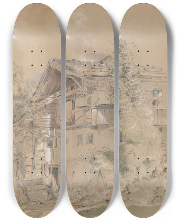 Triptych art skateboard deck of Friedrich Carl Von Scheidlin Picturesque Environment Of Village Cottage by Friedrich Carl Von Scheidlin (1822-1913)