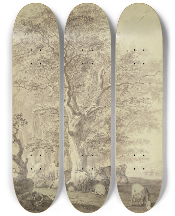 Triptych art skateboard deck of Johann Georg Pforr Rinderherde Mit Zwei Schafen Und Dem Hirten Unter Einer Eiche Rastend by Johann Georg Pforr (1745-1798)