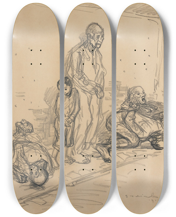 Triptych art skateboard deck of Thophile Alexandre Steinlen The Hostages by Theophile Alexandre Steinlen (1859-1923)