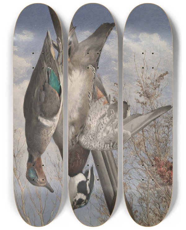 Triptych art skateboard deck of John William Hill Hanging Gamebirds by John William Hill (1812-1879)