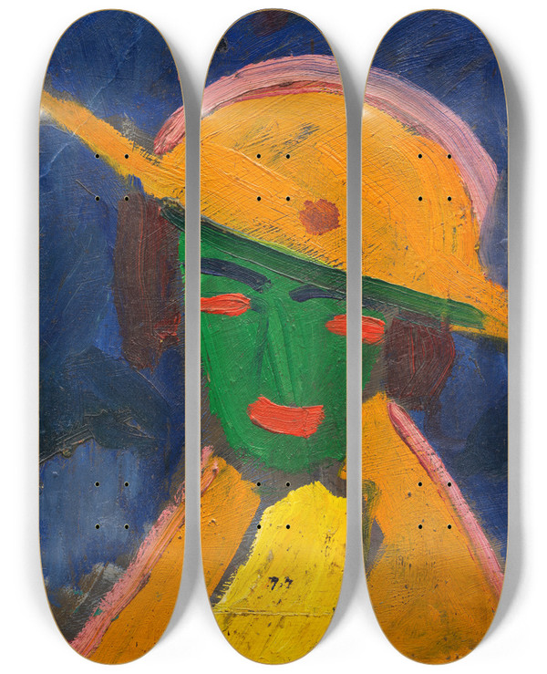 Triptych art skateboard deck of Hermann Stenner Grne Frau Mit Gelbem Hut I by Hermann Stenner (1891-1914)
