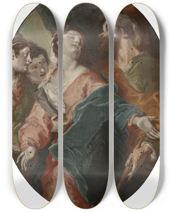 Triptych art skateboard deck of Giuseppe Bazzani Esther And Ahasverus by Giuseppe Bazzani (1690-1769)