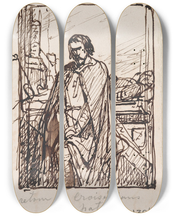 Triptych art skateboard deck of Nicaise De Keyser The Return Of The Crusader To His Homeland_1 by Nicaise De Keyser (1813-1887)