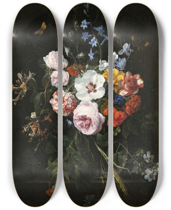 Triptych art skateboard deck of Nicolaes Van Verendael Still Life With Flowers In A Crystal Vase_1 by Nicolaes Van Verendael (1640-1691)