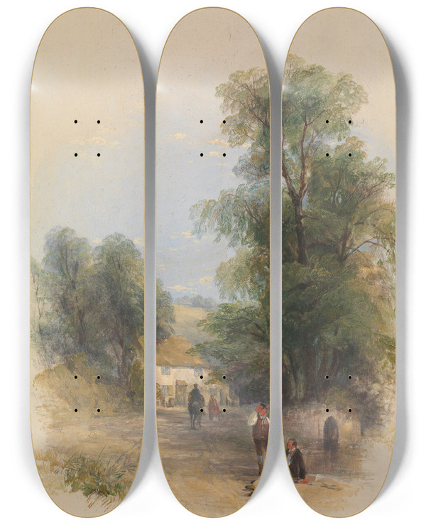 Triptych art skateboard deck of Thomas Creswick The Well Of St Keyne by Thomas Creswick (1811-1869)