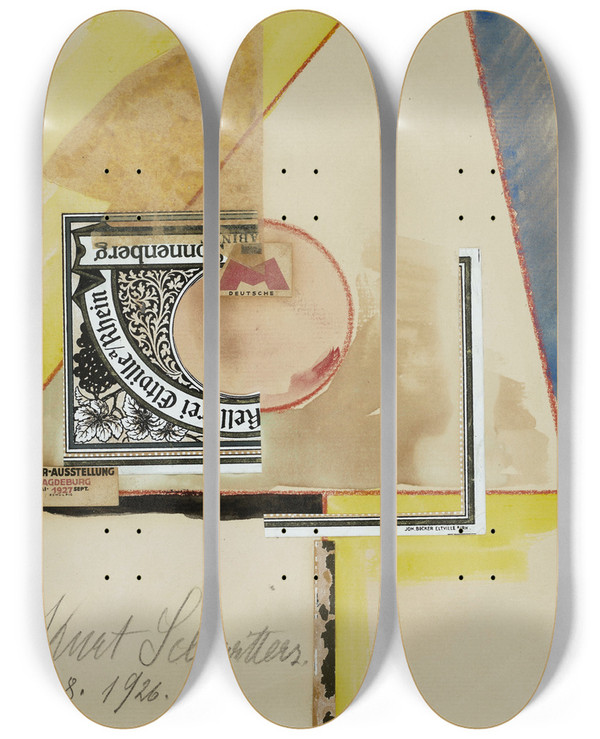 Triptych art skateboard deck of Kurt Schwitters Ohne Titel Sonnenberg by Kurt Schwitters (1887-1948)