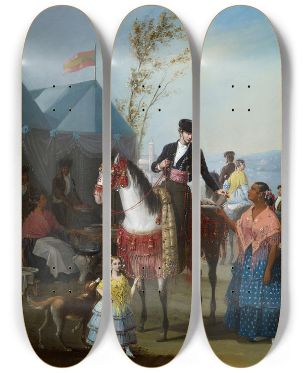 Triptych art skateboard deck of Manuel Cabral Aguado Bejarano The Fritter Stall by Manuel Cabral Aguado Bejarano (1827-1891)