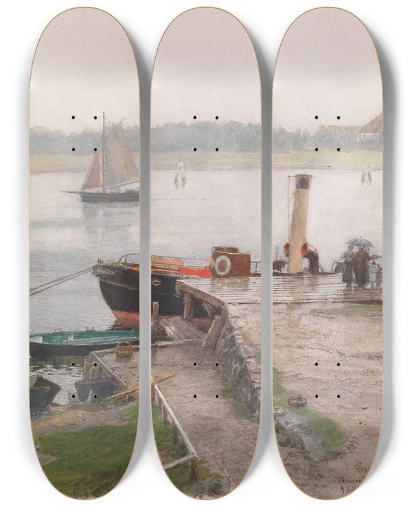 Triptych art skateboard deck of Hans Gude Jetty Travemnde by Hans Gude (1825-1903)