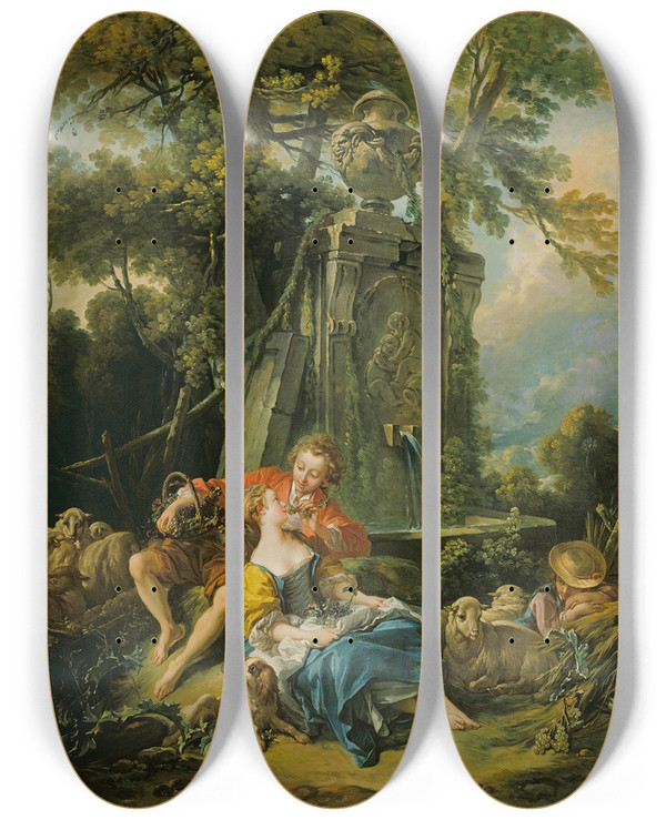 Triptych art skateboard deck of Franois Boucher Pastoral With A Couple Near A Fountain by Francois Boucher (1703-1770)