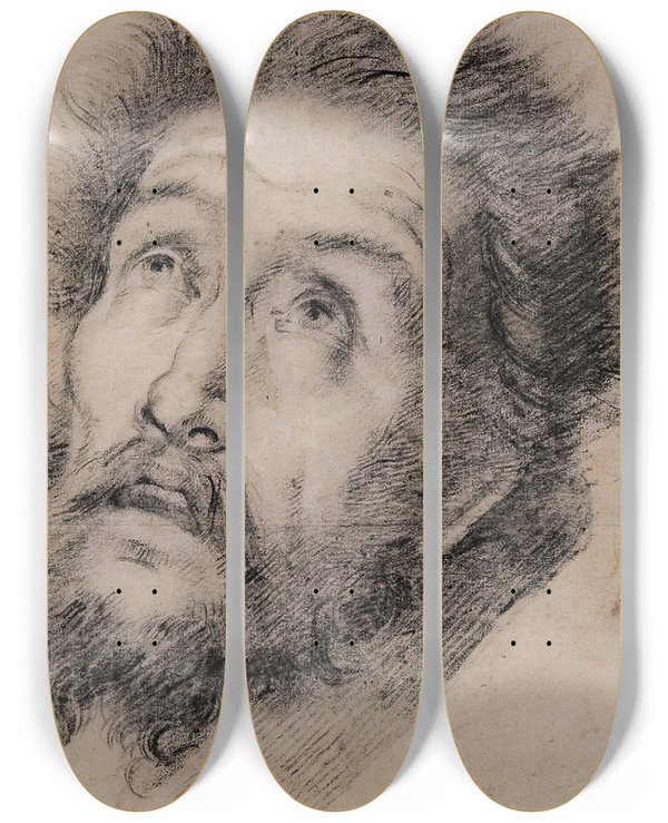 Triptych art skateboard deck of Bernardo Strozzi Study For St Francis Of Assisi Adoring The Cross by Bernardo Strozzi (1581-1644)