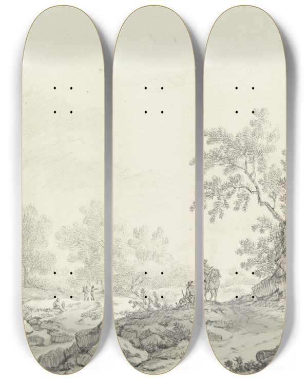 Triptych art skateboard deck of Johann Christoph Dietzsch Hgeliges Gelnde Mit Bumen Und Gestein Im Vordergrund Ein Reiter Und Ein Sitzender Mann Links Drei Weitere Figuren by Johann Christoph Dietzsch (1710-1768)