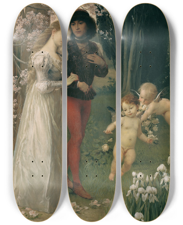 Triptych art skateboard deck of Ernst Klimt Francesca Da Rimini Und Paolo Junges Paar Im Garten by Ernst Klimt (1864-1892)