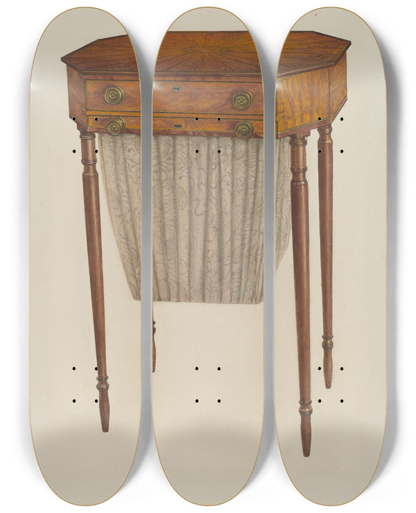 Triptych art skateboard deck of Rolland Livingstone Sewing Table by Rolland Livingstone