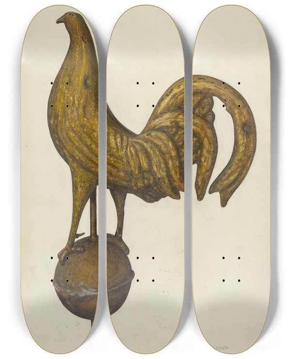 Triptych art skateboard deck of Ben Lassen Weather Vane Cock by Ben Lassen