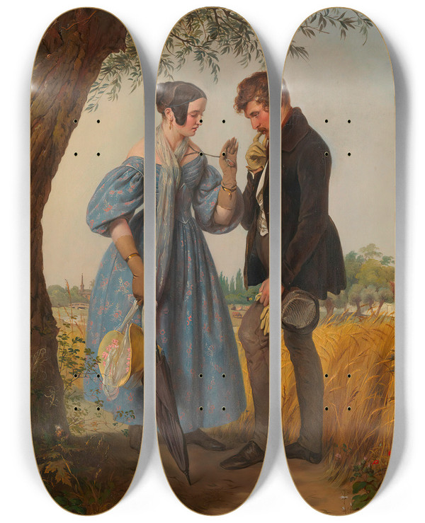 Triptych art skateboard deck of Josef Danhauser Die Begegnung by Josef Danhauser (1805-1845)