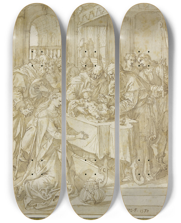 Triptych art skateboard deck of Maerten De Vos Circumcision Of Christ by Maerten De Vos (1532-1603)