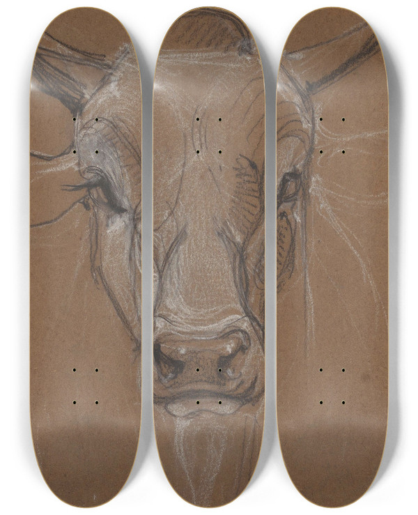Triptych art skateboard deck of Bernard Willem Wierink Kop Van Een Zebu Van Voren by Bernard Willem Wierink (1856-1939)