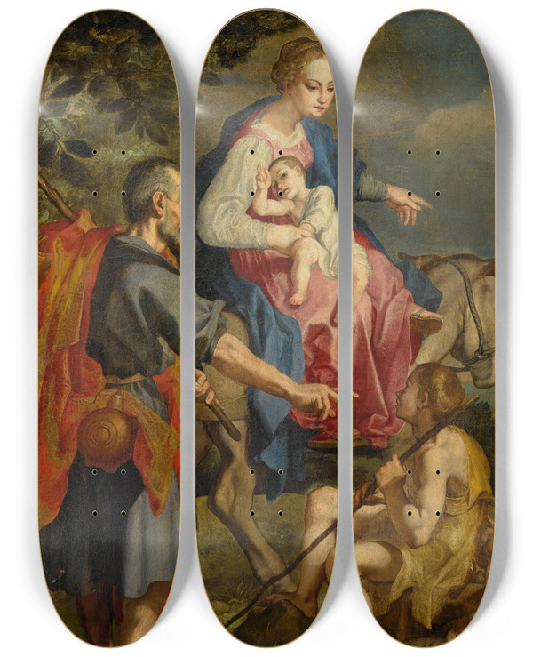 Triptych art skateboard deck of Ventura Salimbeni The Flight Into Egypt by Ventura Salimbeni (1568-1613)