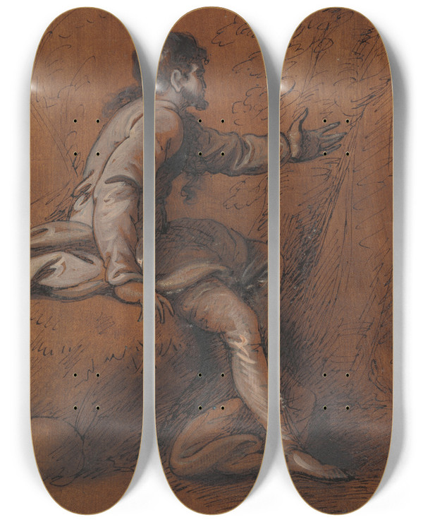 Triptych art skateboard deck of Mather Brown Man Seated On A Rock by Mather Brown (1761-1831)