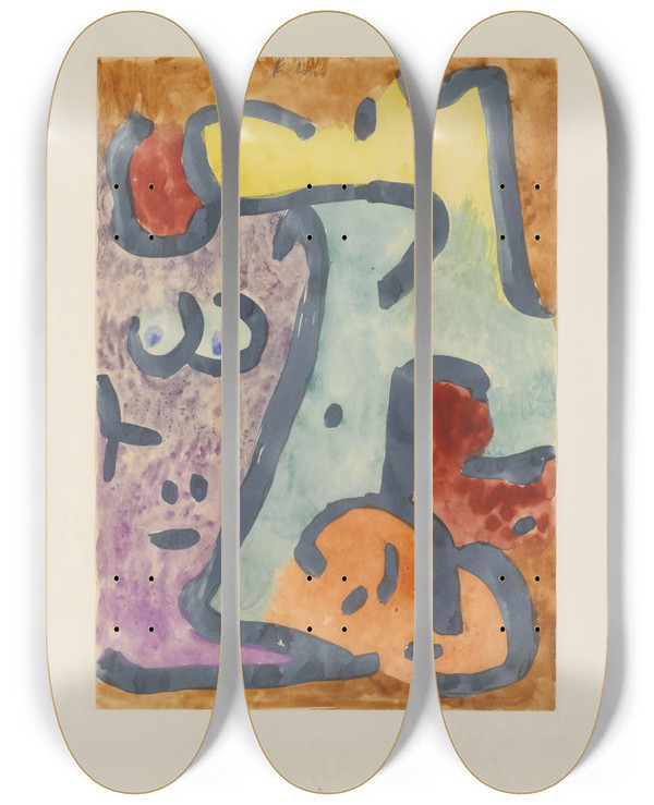 Triptych art skateboard deck of Paul Klee Die Schattige The Shadowy One by Paul Klee (1879-1940)