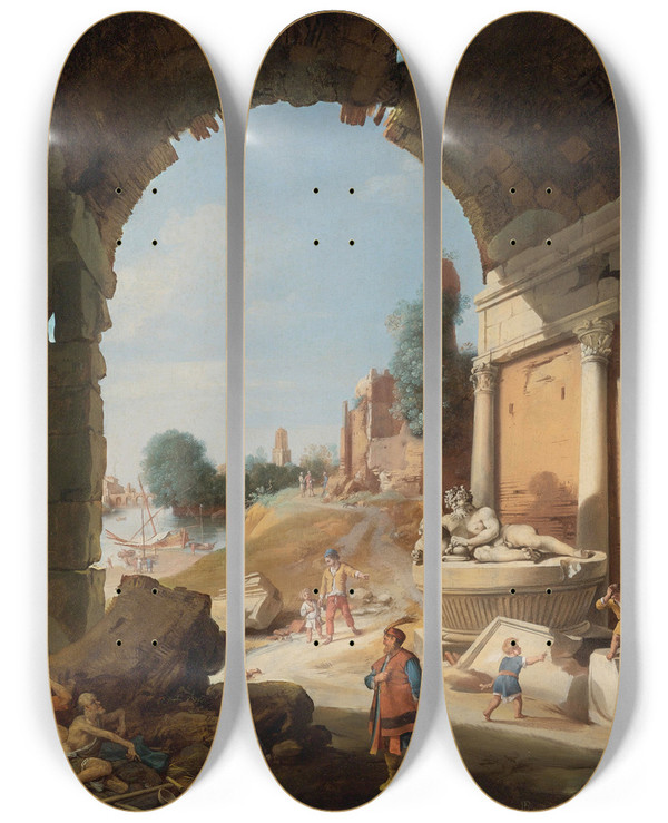 Triptych art skateboard deck of Bartholomeus Breenbergh Figures Among Ruins By The Tiber by Bartholomeus Breenbergh (1598-1657)
