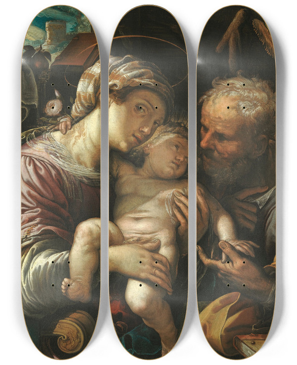 Triptych art skateboard deck of Ferra Fenzoni Holy Family by Ferrau Fenzoni (1562-1645)