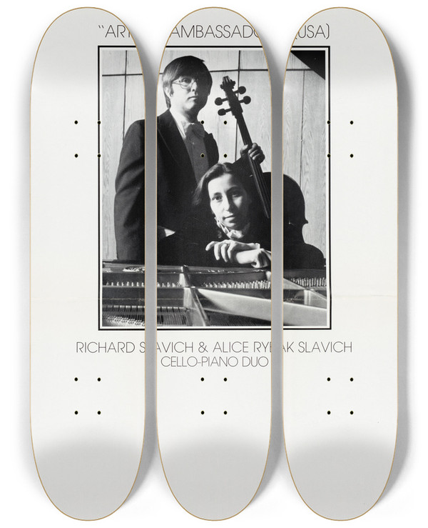 Triptych art skateboard deck of Us Information Agency Artistic Ambassador Usa Richard Slavich Alice Rybak Slavich Cellopiano Duo by U S Information Agency (1953-1999)