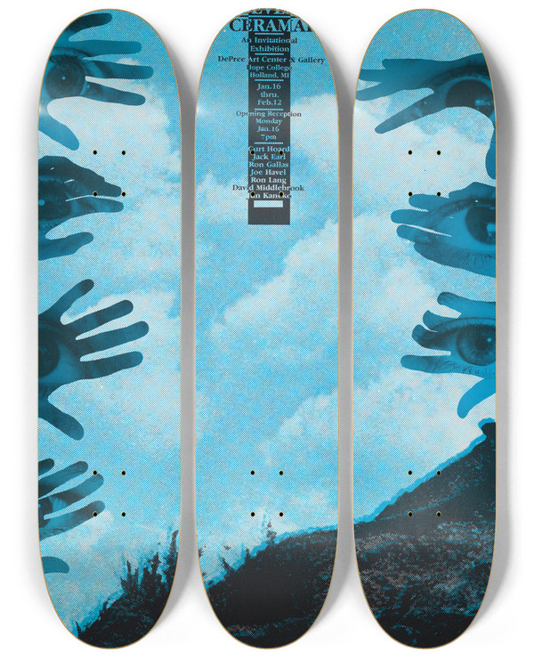 Triptych art skateboard deck of Lanny Sommese Seven Ceramai An Invitational Exhibition by Lanny Sommese (1943)