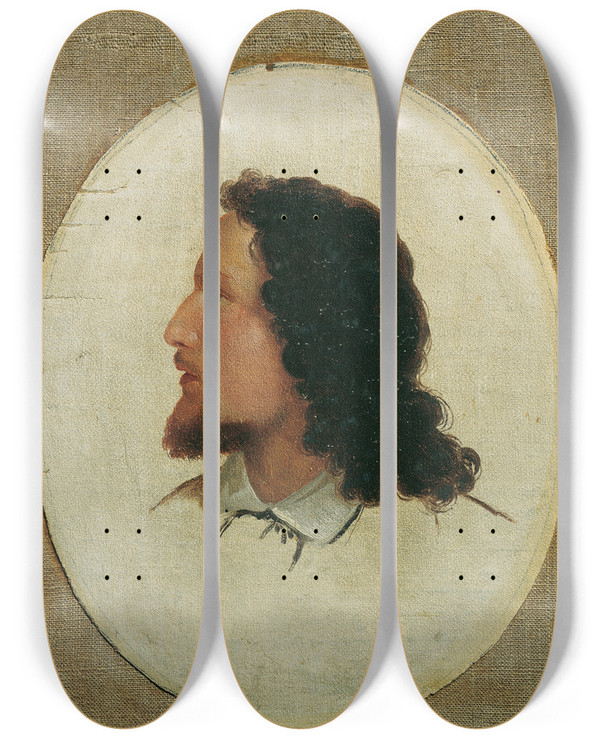 Triptych art skateboard deck of Hanns Gasser Selbstbildnis by Hanns Gasser (1817-1868)