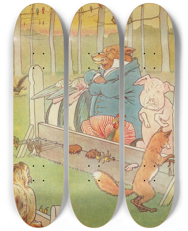 Triptych art skateboard deck of Leonard Leslie Brooke Animals Locked In The Stocks by Leonard Leslie Brooke (1862-1940)