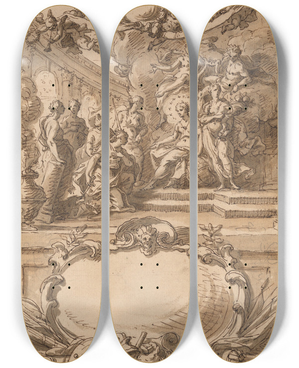 Triptych art skateboard deck of Sir James Thornhill Design For A Wall Panel by Sir James Thornhill (1675-1734)