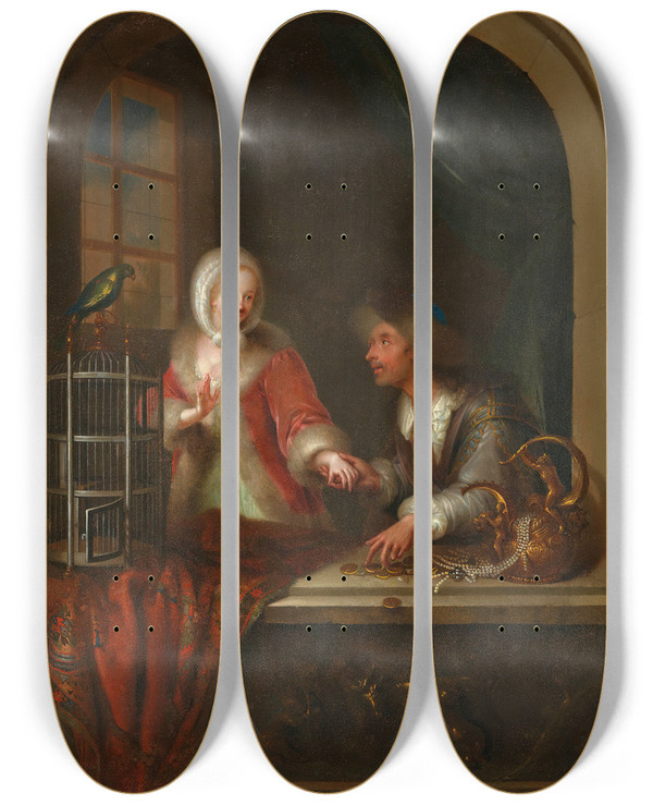Triptych art skateboard deck of Adam Johann Braun Genreszene by Adam Johann Braun (1748-1827)