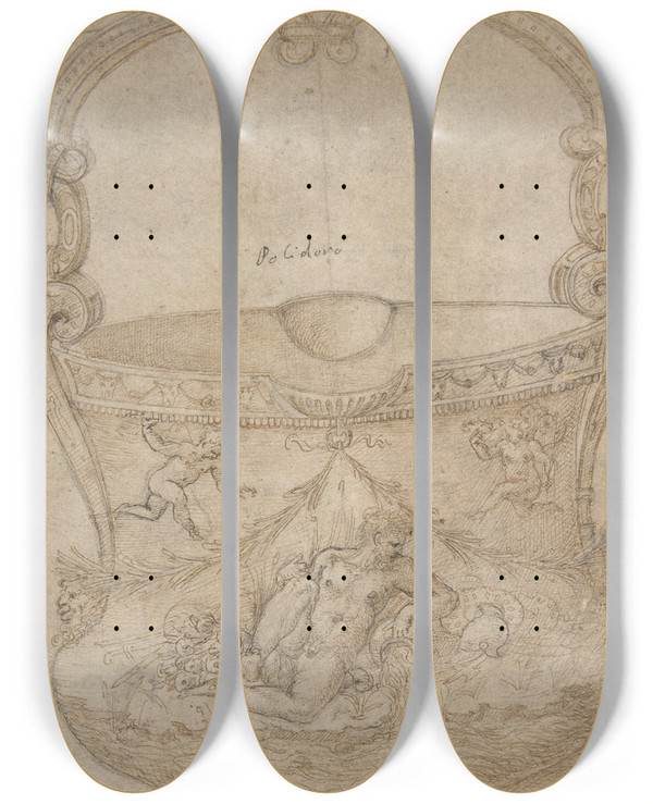 Triptych art skateboard deck of Girolamo Genga Design For A Bucketlike Vessel With A Handle Of Nonfigural Interlaces On A Body Adorned With A River God And Two Putti by Girolamo Genga (1476-1551)