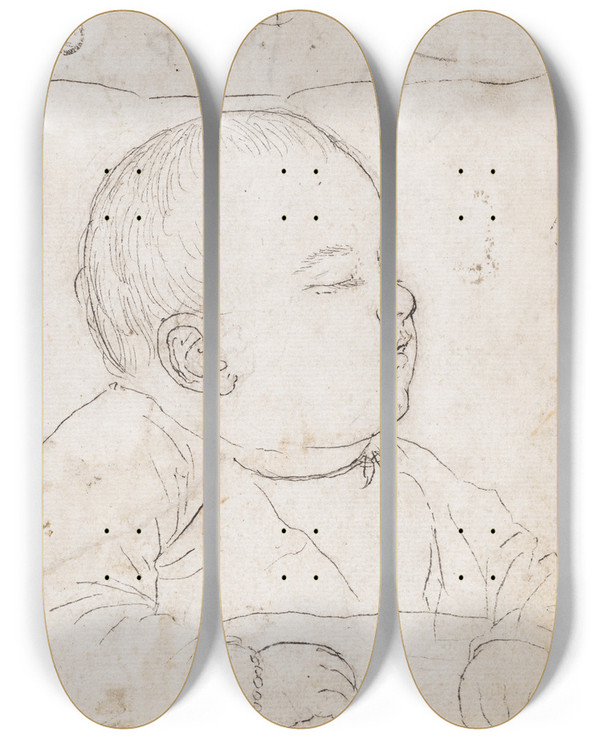 Triptych art skateboard deck of Hans Hug Kluber Schlafendes Kind by Hans Hug Kluber (1535-1578)