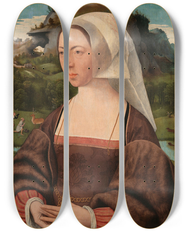 Triptych art skateboard deck of Jan Jansz Mostaert Portrait Of An Unknown Woman by Jan Jansz Mostaert (1475-1552)