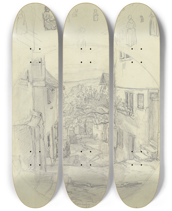 Triptych art skateboard deck of Jakob Frchtegott Dielmann Studienblatt Ansicht Einer Strae In Kronberg Oben Verschiedene Figurenstudien_2 by Jakob Furchtegott Dielmann (1809-1885)