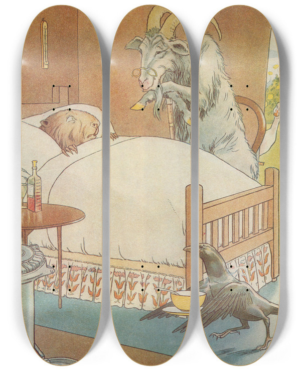 Triptych art skateboard deck of Leonard Leslie Brooke Animals As Humans by Leonard Leslie Brooke (1862-1940)