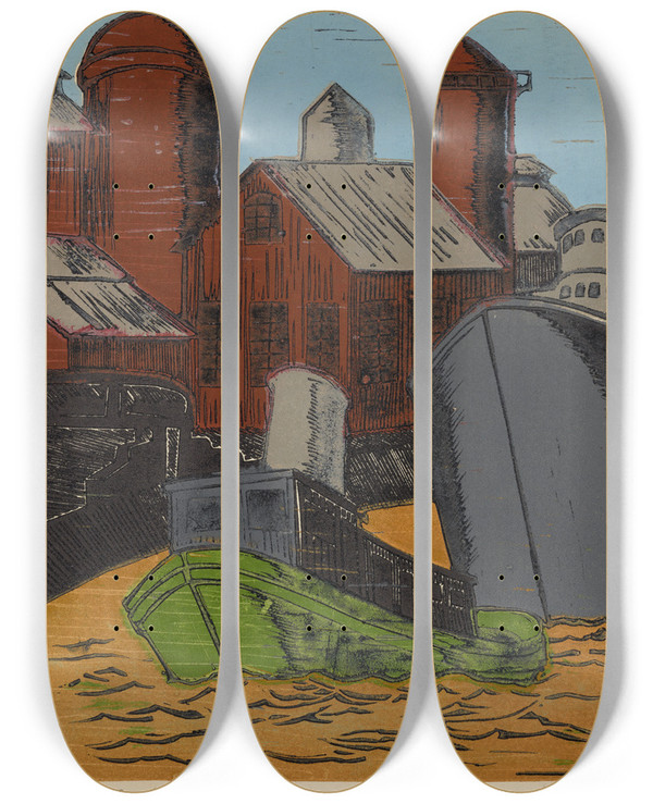 Triptych art skateboard deck of Fred Carlo Tugboat by Fred Carlo (1911-1987)