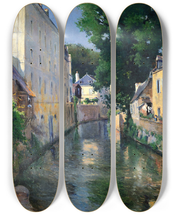 Triptych art skateboard deck of Aureliano De Beruete The River Isole Quimperl by Aureliano De Beruete (1845-1912)