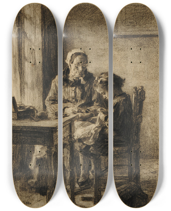 Triptych art skateboard deck of Lon Augustin Lhermitte Les Couturires_2 by Lon Augustin Lhermitte (1844-1925)